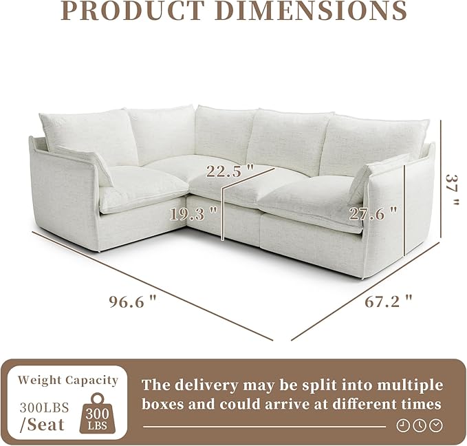 Cloud Sectional Sofa for Living Room,High Backrest Down Filled Couches,Spill & Stain-Resistant with Removable Washable Cushions Cover,4 Seater Oversized Modular V-Shaped Sofa,Cream White