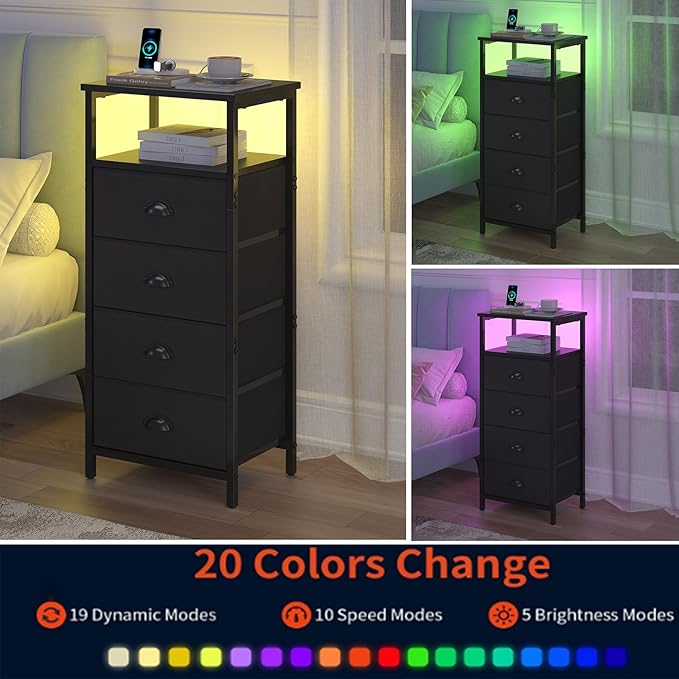 Nightstand with Charging Station,LED Black Nightstand with 4 Fabric Drawers PU Finish, Bedside End Tables, 2-Tier Open Storage Shelf Side Table Nightstand with Drawers for Bedroom,Black