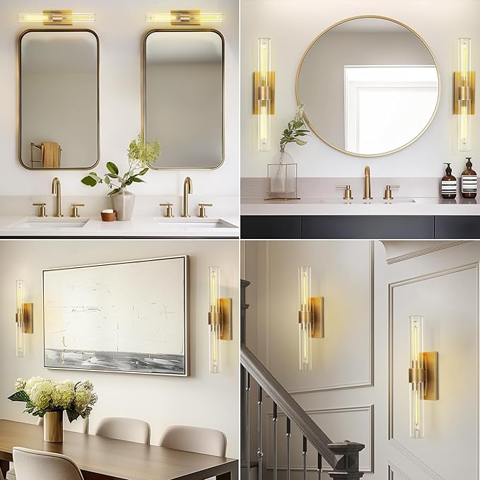 Modern Brass and Glass Wall Sconces, 24" Vanity Lights for Bathroom 2 Lights, Horizontal or Vertical Linear Wall Sconce,Indoor Sconces Wall Lighting,Bathroom Wall Sconce Set of Two