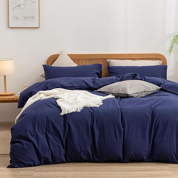 BESTOUCH Duvet Cover Set 100% Washed Cotton Linen Feel Super Soft Comfortable Chic Lightweight 3 PCs Home Bedding Set Solid Navy Blue Full/Double