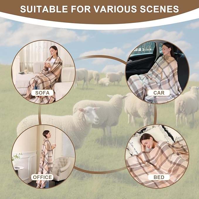 Beige Plaid Throw Blanket for Couch,100% Wool Throw Blanket for Home Decor, Soft Lightweight Cozy All Season Decorative Vintage Blankets for Travel,Bed, Sofa, Chair, Outdoor 55"x83"/1.5LBS