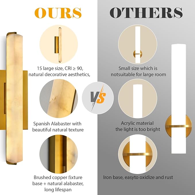 Alabaster Wall Sconces Set of Two, 15" Brass Alabaster Sconce, Spanish Natural Marble Wall Sconce Lamp Indoor, Rectangle Modern Sconces Lighting for Bathroom Living Room Bedroom Stairs Hallway