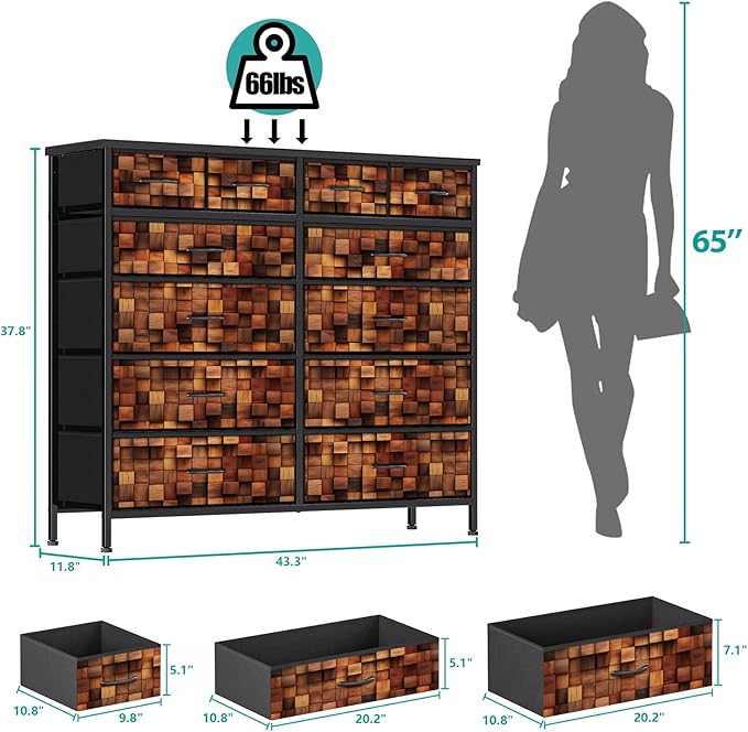 TV Stand Dresser for Bedroom, Tall Fabric Drawer Dresser, Chest of Drawers, Fabric Storage Organizer Cabinet for Closet, Nursery (Solid Brown)