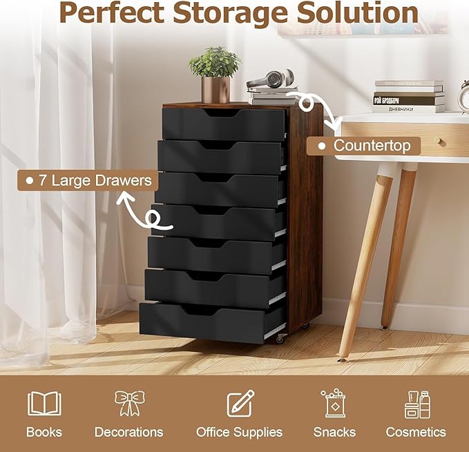 LOKO 7-Drawer Storage Cabinet, Versatile Drawer of Chest with Lockable Wheels, Mobile Office Lateral File Cabinet, for Home Office, Study (Rustic Brown + Black, 16" D x 19.5" W x 34.5" H)