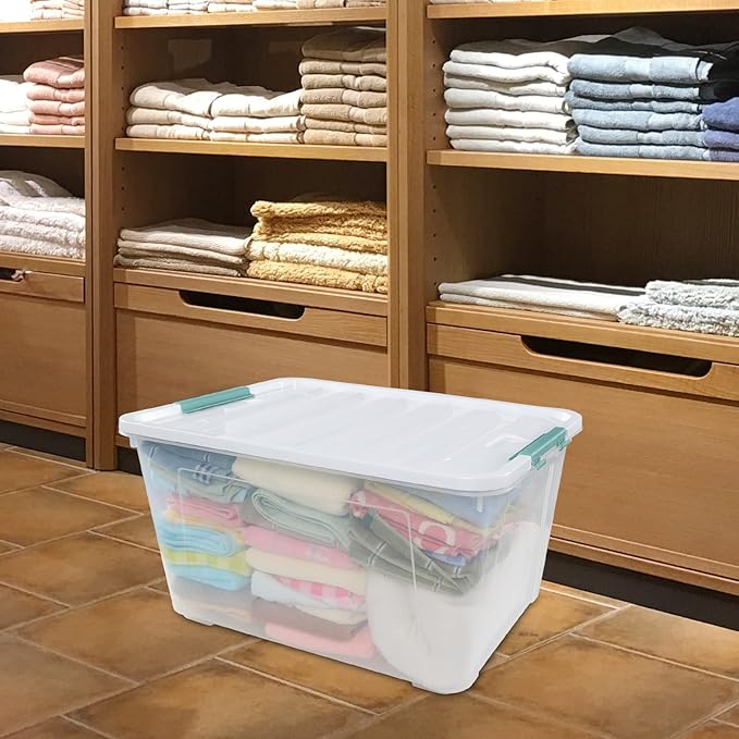 85 Quart Stackable Large Plastic Storage Containers with Lids and Secure Latching Buckles, Organizing Tubs Boxes for Office and Home Organization, Clear (4 Pack)
