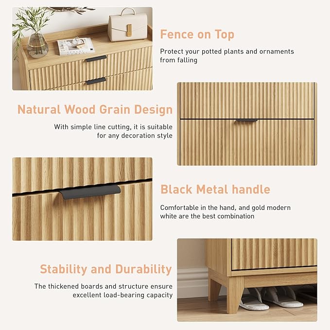 Maupvit Fluted Shoe Cabinet with 2 Flip Drawers & Large Drawer, Freestanding Shoe Storage with Adjustable Shelf, Shoes Organizer Shoe Rack for Entryway, Hallway, Front Door Entrance