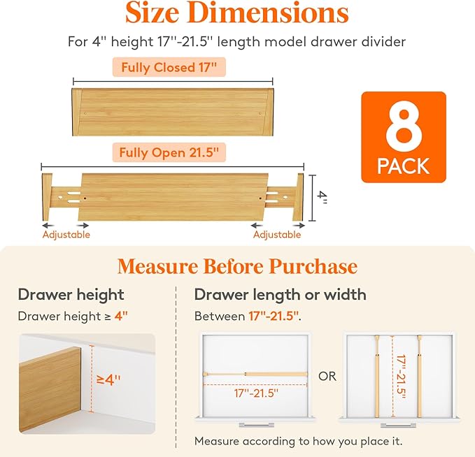 Lifewit 8 Pack Drawer Dividers Bamboo 4" High, 16-22" Adjustable Drawer Organizers for Clothes, Expandable Dresser Separators in Bedroom/Bathroom/Kitchen/Fridge/Office Organization and Storage