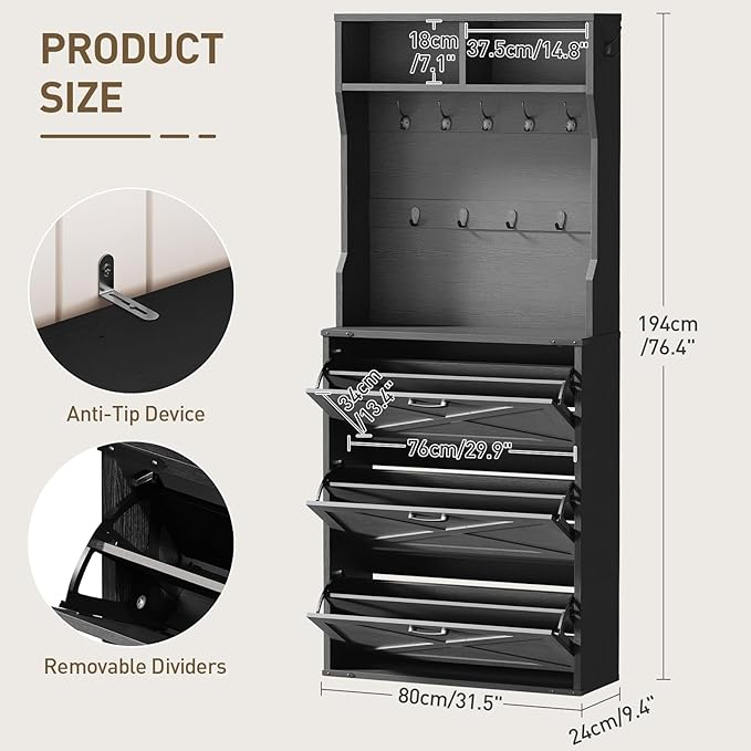 Farmhouse Tall Shoe Cabinet with Coat Rack, Narrow Hidden Shoe Storage Cabinet with 3 Flip Drawers, 2 in 1 Hall Tree with Hooks, Narrow Shoe Organizer for Entryway, Hallway, Black