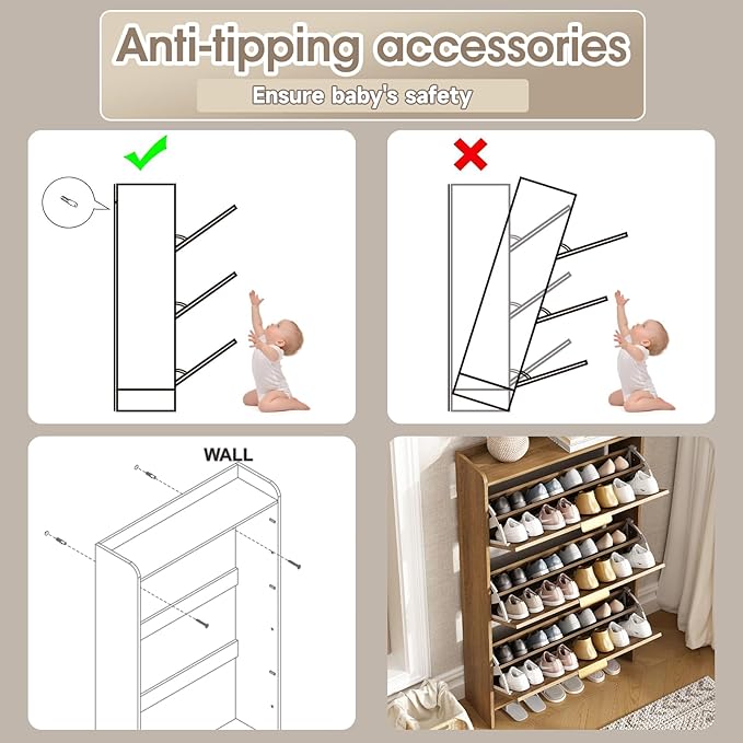 Rattan Shoe Storage Cabinet with 3 Flip Drawers & Chalkboard, Freestanding Organizer for Front Door Entrance, Hidden Narrow Shoe Rack Cabinet Storage for Entryway, Rustic Oak Rattan