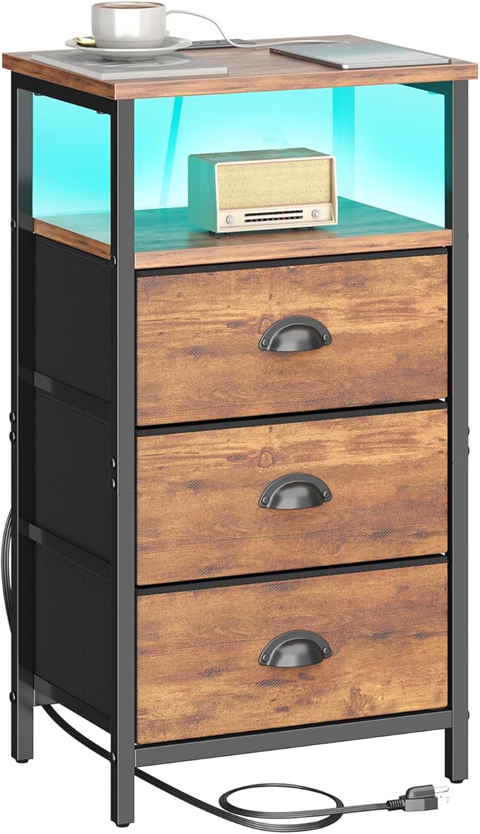 Nightstand with Charging Station,LED Night Stand with 3 Fabric Drawers, Bedside End Tables, 2-Tier Open Storage Shelf Side Table Nightstand with Drawers for Bedroom,Rustic Brown