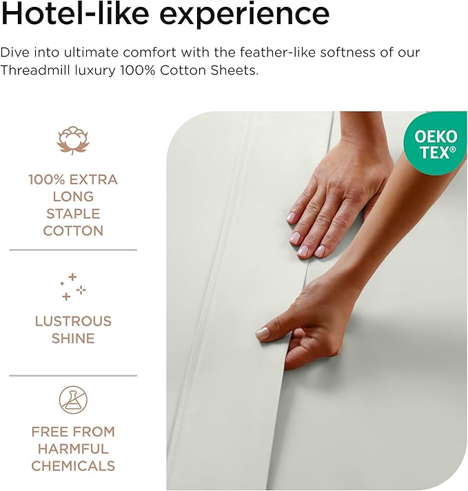 Threadmill 100% Cotton Sheets for King Size Bed - 600 Thread Count King Bed Sheets Set with 16” Deep Pocket - Sateen Weave 4-Piece Bedding Set with Cooling Effect, Light Grey