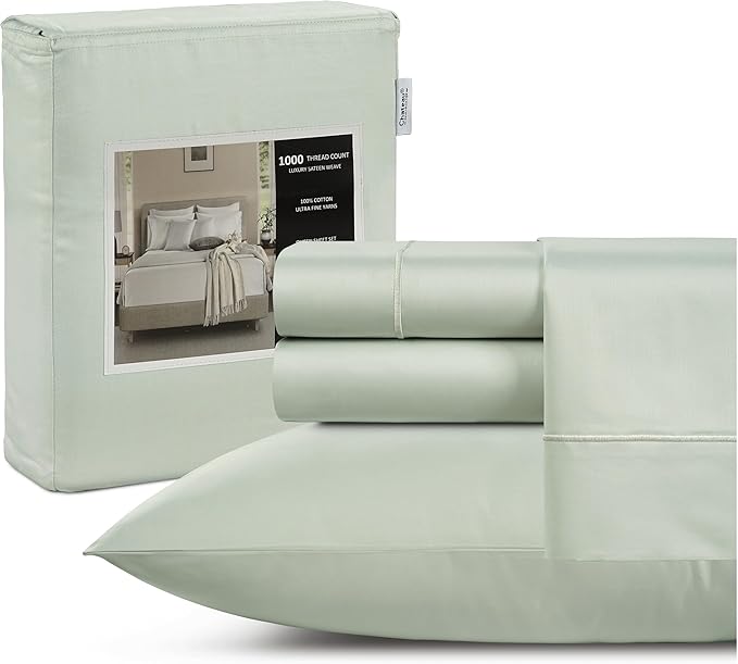 100% Cotton Bed Sheets- 1000 Thread Count Bedding Sheet & Pillowcase Sets, Hotel Luxury Sheets Queen Size, Soft Breathable Sateen Weave, 15" Deep Pocket Queen Sheet Set - Mineral