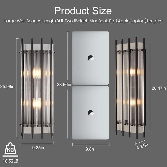 Modern Black Wall Sconce,25in Grand Rectangular Ribbed Glass Wall Sconces,Indoor Hardwired Wall Sconces for Large Spaces,for Living Room,Hallway,Stairway Sconces Wall Lighting,Included E12 Bulbs