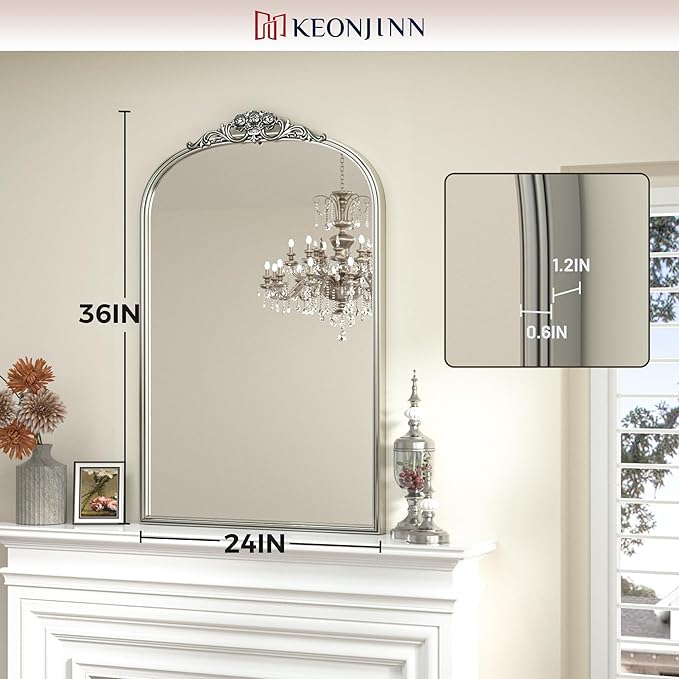 Keonjinn Vintage Mirror 24" x 36", Antique Mirrors for Wall Decor, Silver Arched Decorative Mirror for Mantle, Hallway, Living Room, Fireplace, Bedroom, Bathroom Mirror with French Cleat Mounting