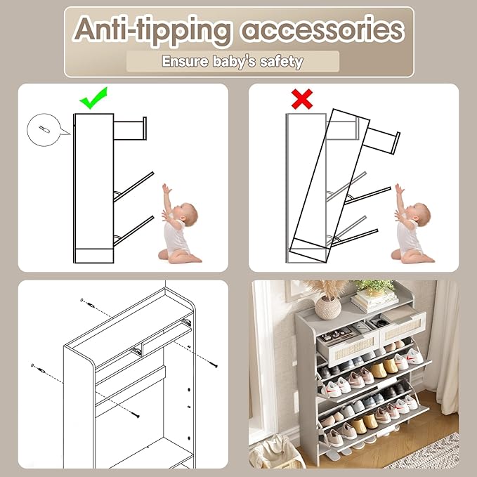 Rattan Shoe Storage Cabinet with 2 Flip Drawers & 2 Drawers, Freestanding Organizer for Front Door Entrance, Hidden Narrow Shoe Rack Cabinet Storage for Entryway, Antique White