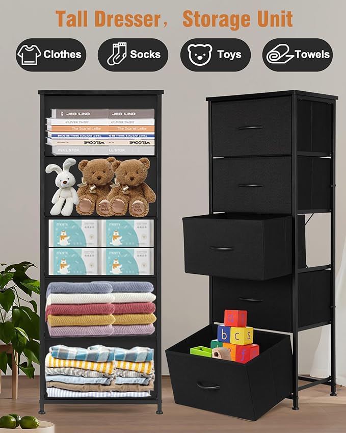 Dresser for Bedroom, Fabric Tall Dresser & Chests of Drawers with 5 Drawers, Vertical Organizer Storage Tower Unit for Bedroom, Hallway, Entryway White