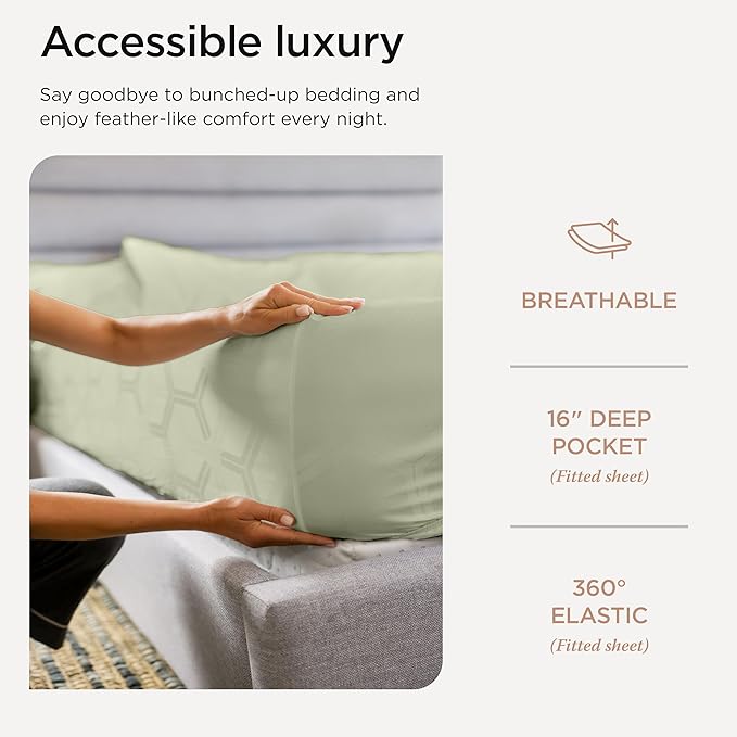 Threadmill 100% Cotton Sheets for Full Size Bed - 600 Thread Count Full Bed Sheets Set with 16” Deep Pocket - Jacquard Sateen Weave 4-Piece Bedding Set with Cooling Effect, Sage Green