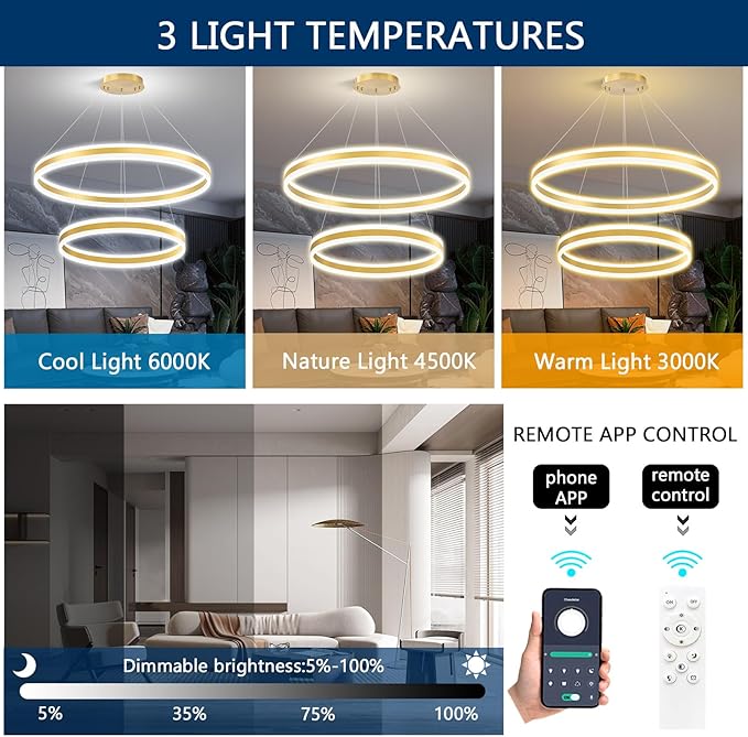 D23.6''+31.5'' Modern Ring Chandelier for Dining Room LED Dimmable Pendant Lighting High Ceiling Chandelier for Living Room Foyer Bedroom Entryway 3000K-6000K Gold