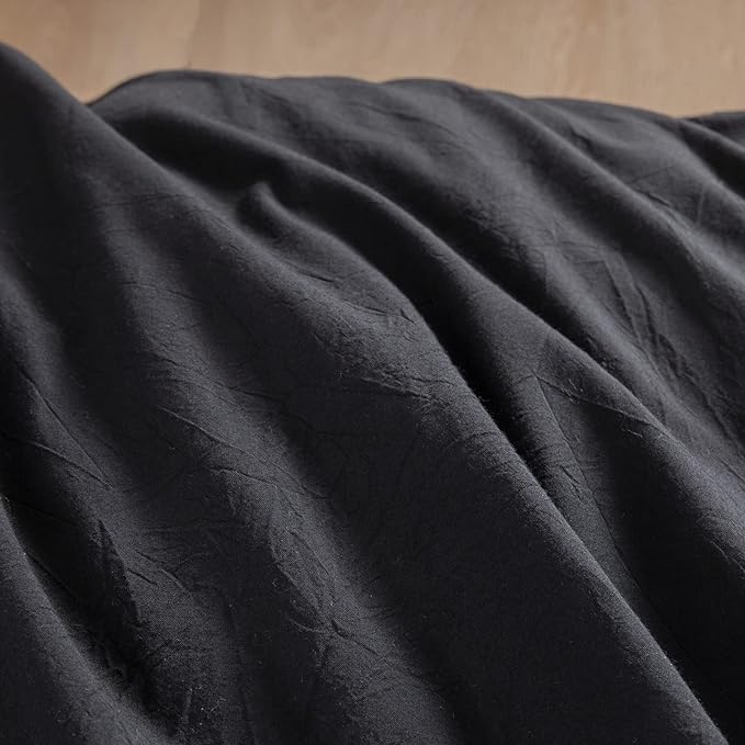 BESTOUCH Duvet Cover Set 100% Washed Cotton Linen Feel Super Soft Comfortable Chic Lightweight 3 PCs Home Bedding Set Solid Deep Black Full/Double