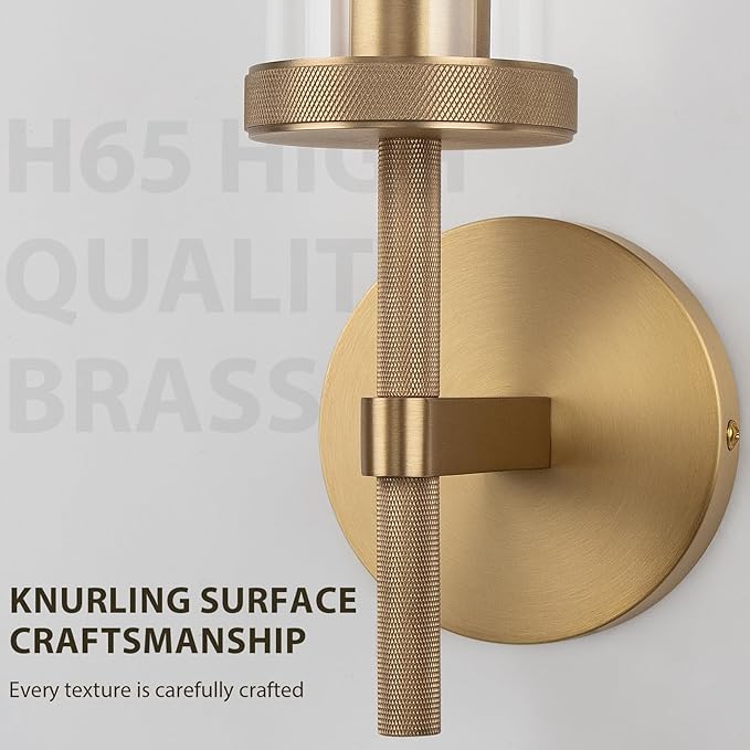 19.5" Knurled Brass Wall Sconces Set of 2, Gold Bathroom Vanity Light Fixtures with Clear Glass Tube, Modern Lamp Lighting for Bedroom, Living Room, Hallway, Staircase, Mirror, Kitchen