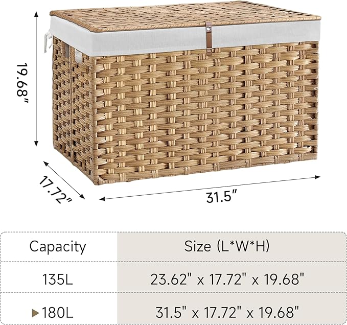 180L Wicker Storage Basket with Lid, Handwoven Rattan Large Shelf Basket with Removable Liner, 47.6 Gallon Wicker Basket for Blanket, Storage Trunk with Handle for Closet, Bedroom, Livingroom, Natural