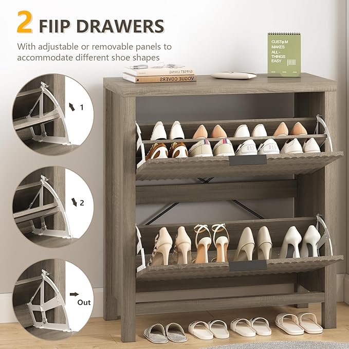 Shoe Cabinet Storage for Entryway, Fluted Shoe Cabinet with 2 Flip Drawers, Hidden Shoe Rack Tall Freestanding Shoe Organizer with Legs for Hallway, Gray