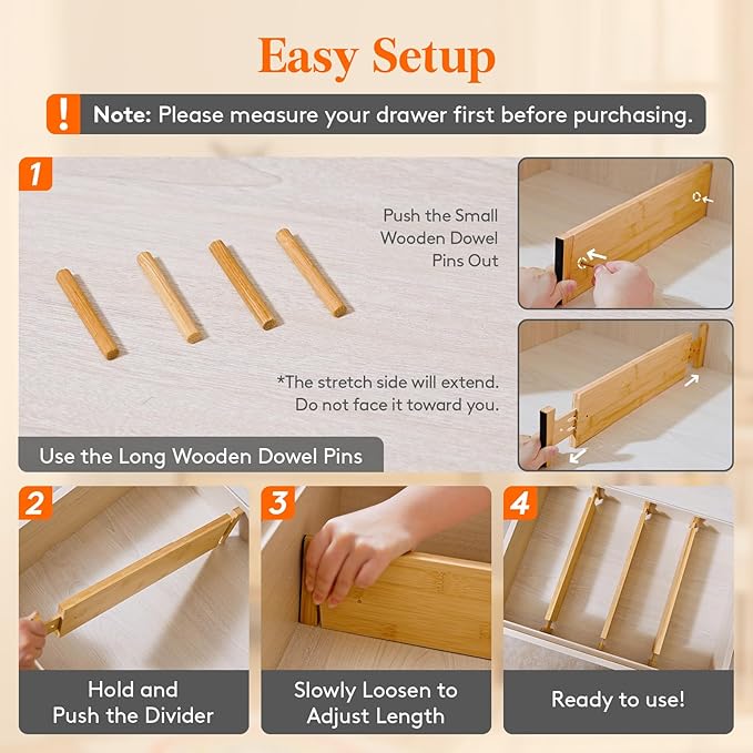 Lifewit 16-22" L x 4" H Drawer Dividers Bamboo 5 Pack, Adjustable Drawer Organizers for Clothes, Expandable Dresser Separators in Bedroom/Bathroom/Kitchen/Fridge/Office Organization and Storage