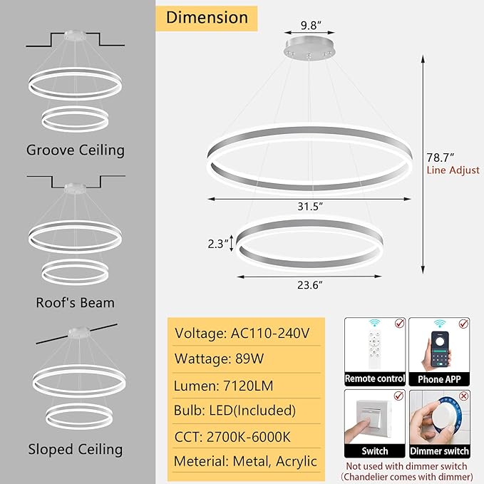 D23.6''+31.5'' Modern Ring Chandelier for Dining Room LED Dimmable Pendant Lighting High Ceiling Chandelier for Living Room Foyer Bedroom Entryway 3000K-6000K Silver