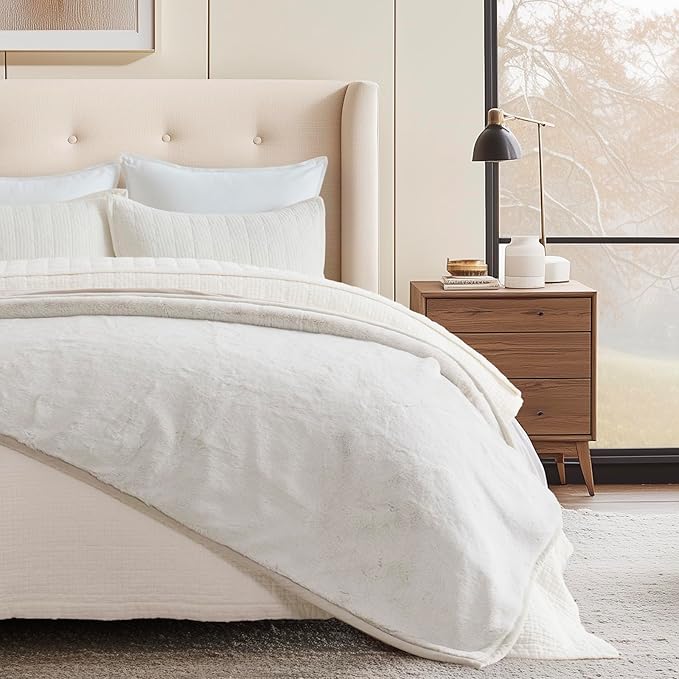 EVERGRACEHOME Ultra Soft Luxury Fluffy Mink Faux Fur Throw Blanket, Thick Warm Fall Winter Blankets for Bed, Couch, Cozy Plush Reversible Blanket for Chair, Sofa (Tipped Champagne Ivory, 60"x80")