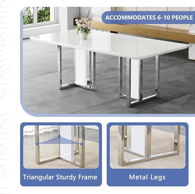 JUFU Dining Table Set for 10, 79'' Dining Table for 8-10 People with Faux Marble Tabletop and Sturdy Leg, White Rectangle Dining Room Table Set for 10 with PU Chairs, Perfect for Big Dining Room