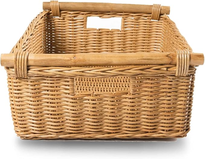 The Basket Lady Low Pole Handle Wicker Storage Basket, Large, 19.5 in L x 12.5 in W x 6 in H, Sandstone
