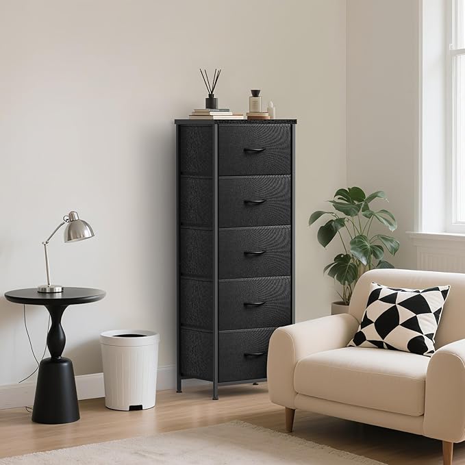 5 Fabric Drawer Dresser for Bedroom, Chest of Drawers with Waterproof Wood Top Tall Dresser for Hallway, Living Room, Kid Room (Charcoal Black)