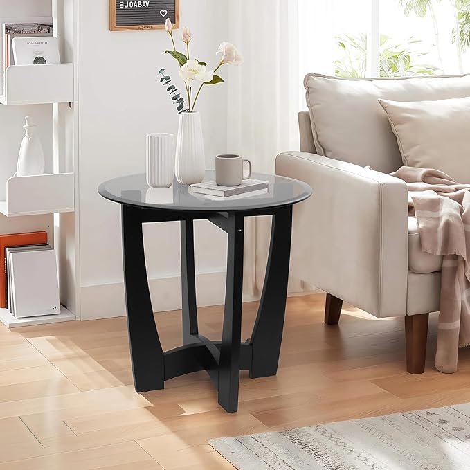 Glass End Table, 23.5" Round Side Tables with Black Tempered Glass Top Cross and Solid Wood Base Small Night Stand for Living Room Office Apartment Black