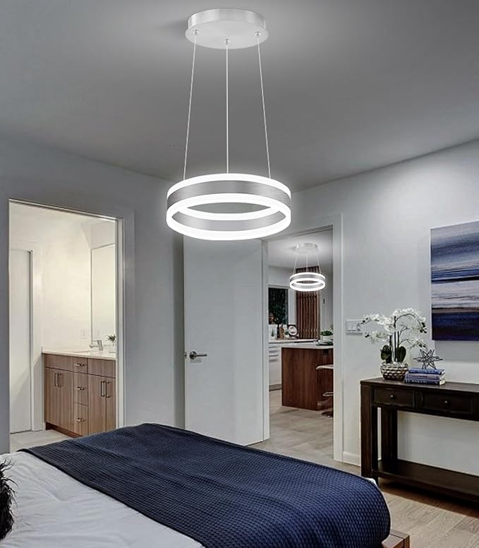 D7.8'' Modern Ring Chandelier for Dining Room LED Dimmable Pendant Lighting High Ceiling Chandelier for Living Room Foyer Bedroom Entryway 3000K-6000K Silver