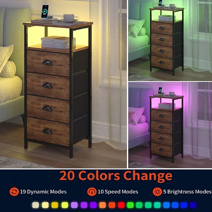 Nightstand with Charging Station,LED Nightstand with 4 Fabric Drawers, Bedside End Tables, 2-Tier Open Storage Shelf Side Table Nightstand with Drawers for Bedroom,Rustic Brown