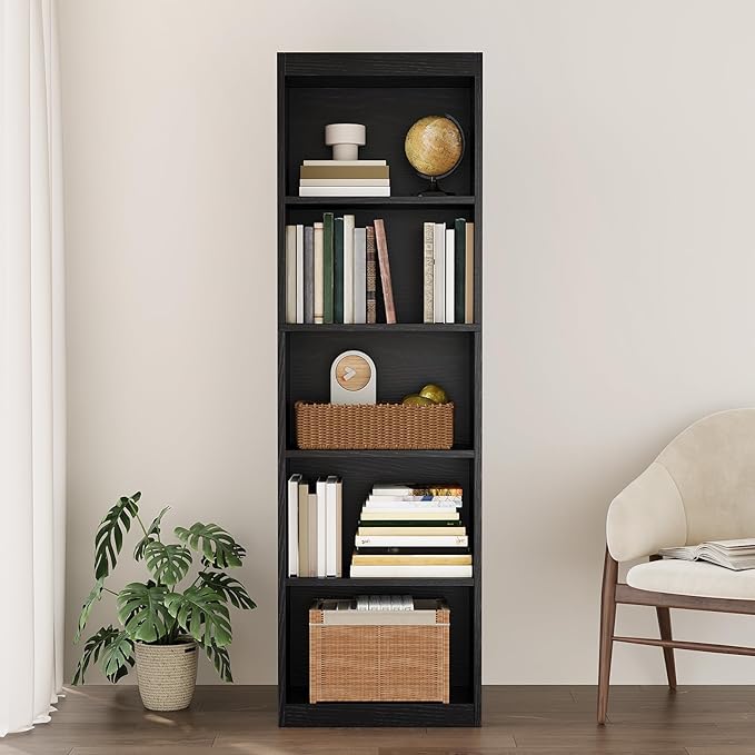 5-Tier Bookcase Set of 2, Open Storage Shelf, Narrow Tall Book Shelf, Freestanding Display Storage Shelves Suitable for Home Office, Living Room and Bedroom, Black