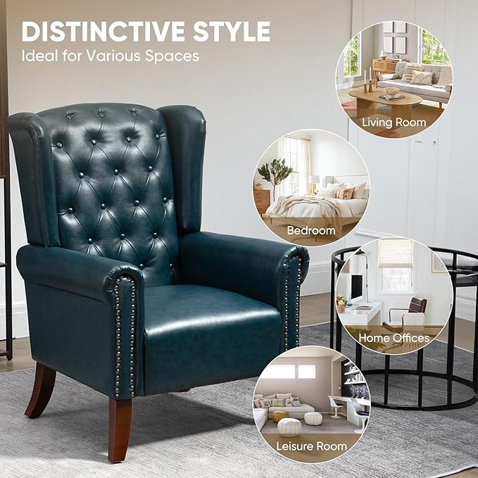MOJAY Modern PU Leather Accent Chair, Living Room Lounge Sofa Chair with Buttons, Single Club Armchair with Rivet Trim for Bedroom Home Reception (DarkBlue)