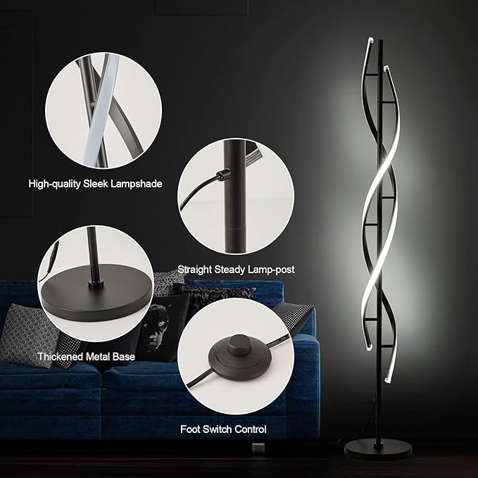 Spiral LED Floor Lamp for Bedroom,Modern Floor Lamps with Remote Control 60 Inch Dimmable Black Floor Lamp 48W Standing Lamp Timing 3 Color Temperature Corner Floor Lamps for Living Room