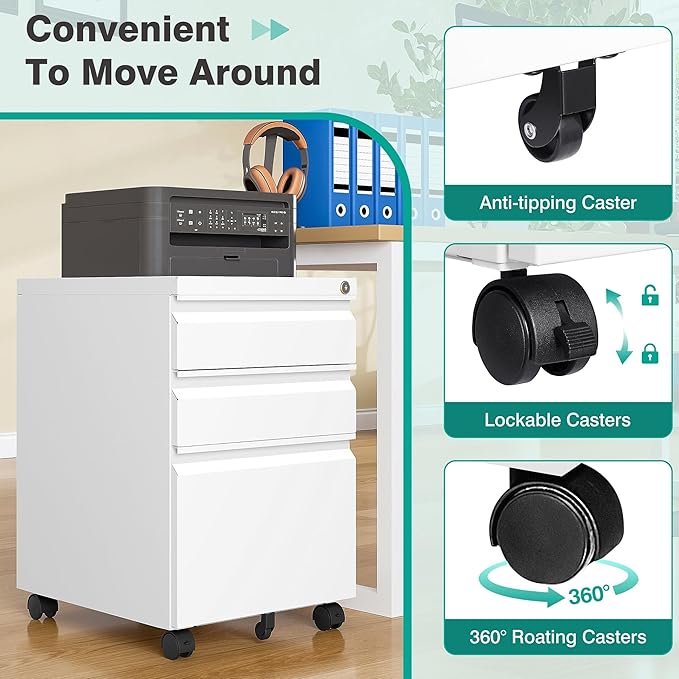 3 Drawer File Cabinet with Wheels,Under Desk File Cabinet with Lock,White Rolling Filing Cabinets,Three Drawer Metal Filing Cabinet for Home Office,Fit A4/Letter/Legal,Fully Assembled Except Caster