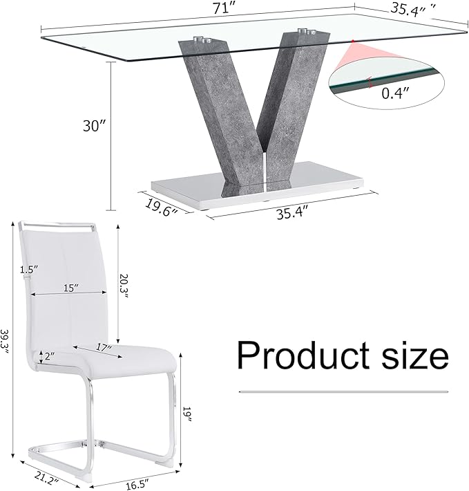 Glass Dining Table Set for 8, Modern Dining Room Table Set,Rectangular Clear Glass Tabletop and MDF Base,Large Glass Dinner Table and 8 White Leather Dining Chairs