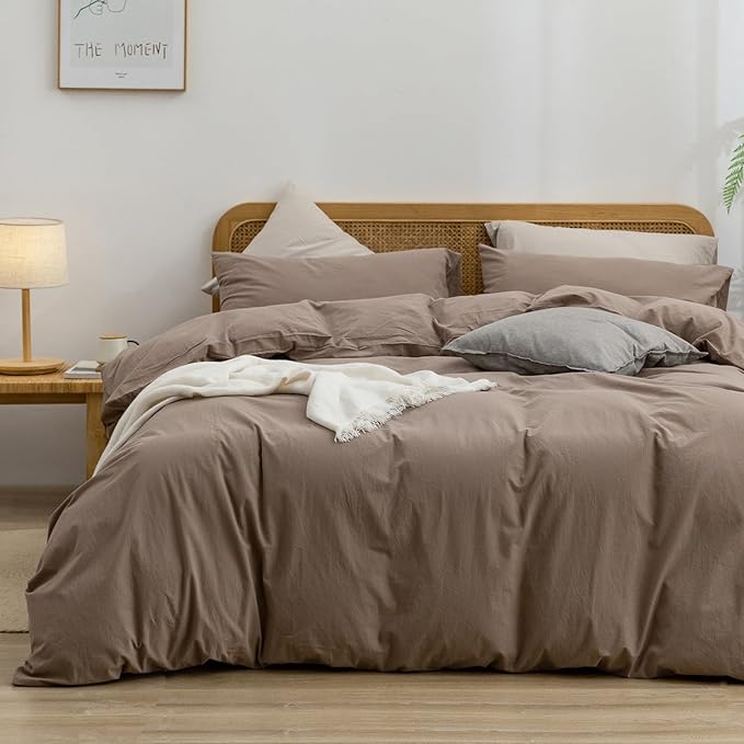 BESTOUCH Duvet Cover Set 100% Washed Cotton Linen Feel Super Soft Comfortable Chic Lightweight 3 PCs Home Bedding Set Solid Pine Bark Brown Super King Plus