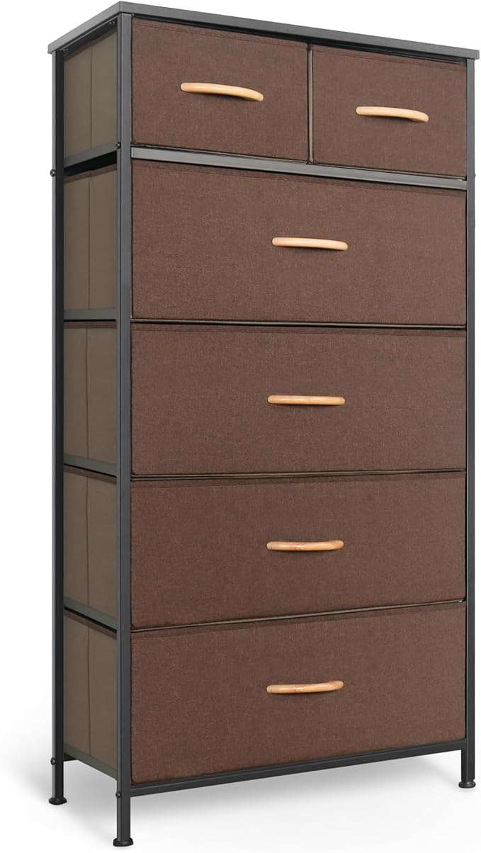 Tall Dresser for Bedroom, Vertical Storage Organizer Tower with 6 Drawers, Chest of Drawers with Fabric Bins, Steel Frame, Wood Top for Bedroom, Closet, Entryway- Brown