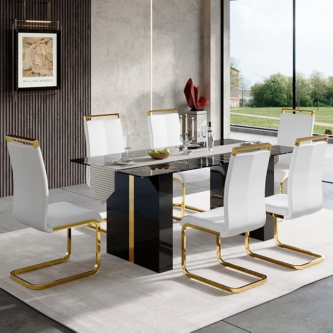 71'' Dining Table Set for 6，7 Piece Dining Table Set, Faux Marble Dining Room Table and PU Leather Chairs Set of 6 for Kitchen, Dining Room,Easy to Assemble