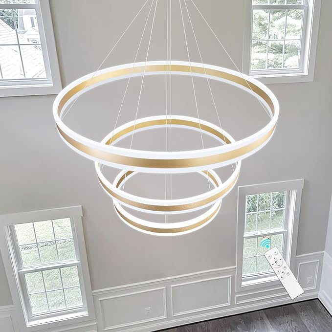 3-Rings Modern Gold LED Chandelier, Flush Mount Ceiling Lighting for Living Room, Adjustable Height Pendant Light for Staircase Foyer Dining Room Entryway 3000K 6000K