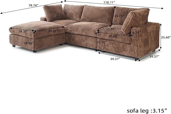 JACH 118" L Shape Sectional Couch, Convertable Modular Couches with Chaise Ottoman, Modern Deep Seat Sofas, Sofa Covers Washable, Minimalist Plush Couch for Living Room, Apartment, Brown