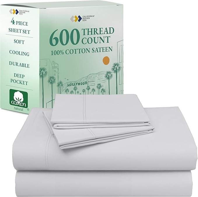 California Design Den Natural 100% Cotton Sheets Queen Size Set - Luxury 600 Thread Count Sateen Queen Sheets Deep Pocket, Fully Elasticized, Crisp, Cool & Durable Hotel Quality Bedding - Light Silver
