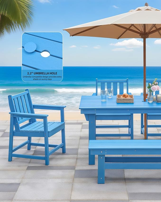 QUASCO Outdoor HDPE Dining Table Set, 6-Piece Outdoor Patio Dining Sets with Umbrella Hole Table and 1 Bench and 4 Chairs for Backyard, Deck, Garden and Poolside, Blue