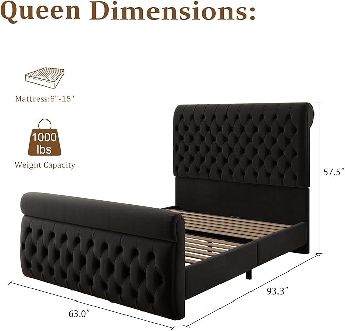 57.5" Tall Queen Upholstered Bed Frame with Rolled Headboard and Footboard, Plaform Bed Frame with Deep Button Tufting, Soft Chenille Fabric, Noise Free, No Spring Box Needed, Black