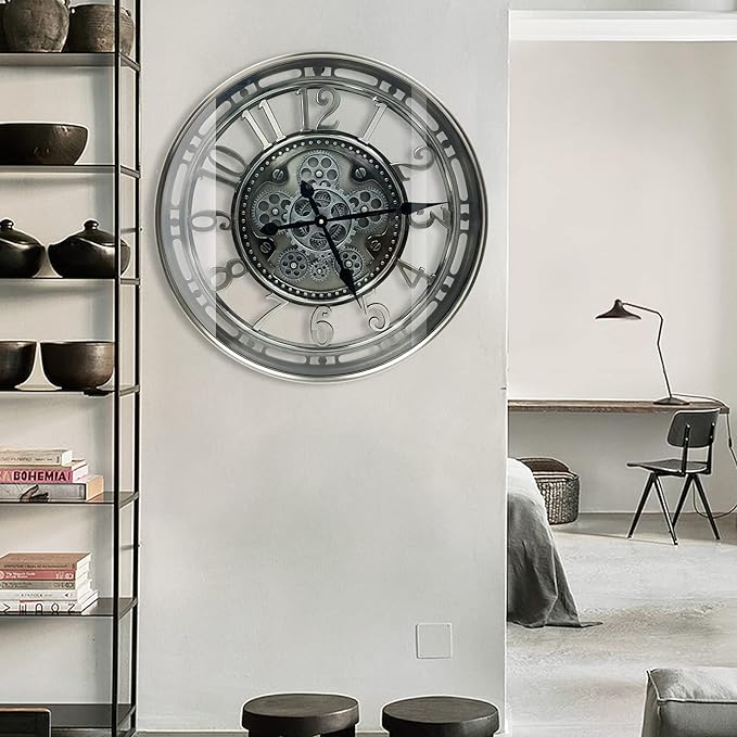 DORBOKER Moving Gears Wall Clock Large Modern Metal Clocks for Living Room Decor, Industrial Steampunk Unique Vintage Rustic Decorative Clock for Home Farmhouse Office, 28 Inch,Gunmetal Arabic