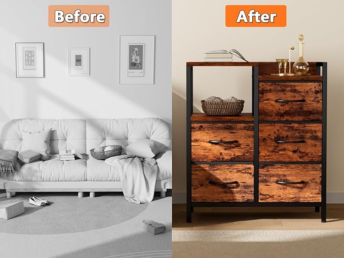 Furnulem 5 Drawer Rustic Brown Dressers for Bedroom 2 Tier Shelf Storage Small Fabric Dresser for Closet Sturdy Metal Frame Modern Style Storage Cabinets Organization Units for Hallway Rooms